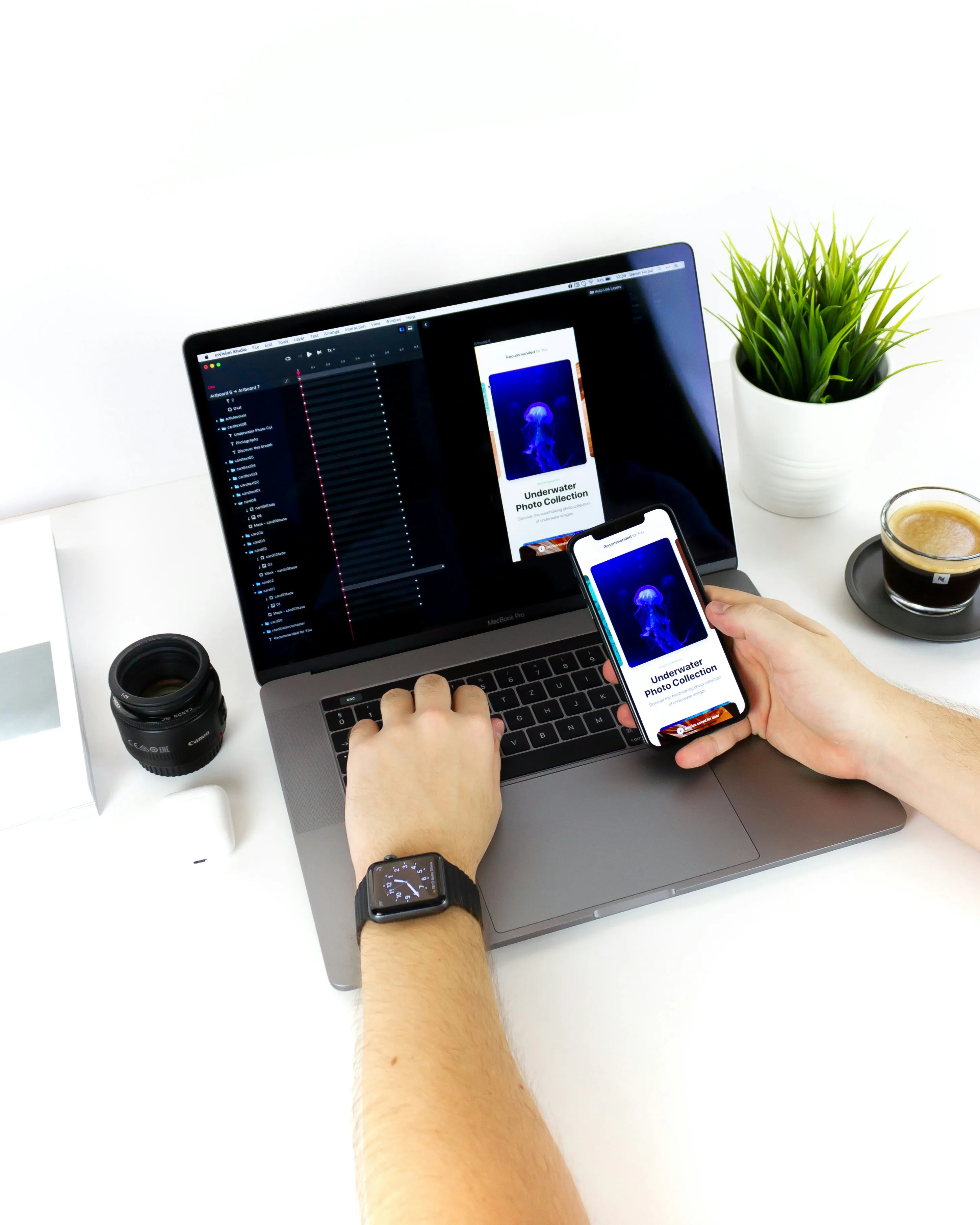 Product design reviewed on laptop and phone during consulting