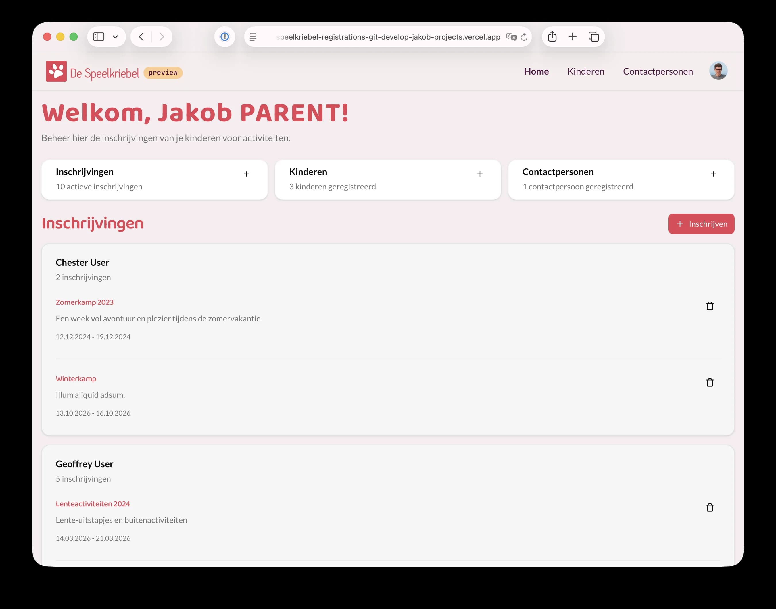 De Speelkriebel registration homepage on desktop