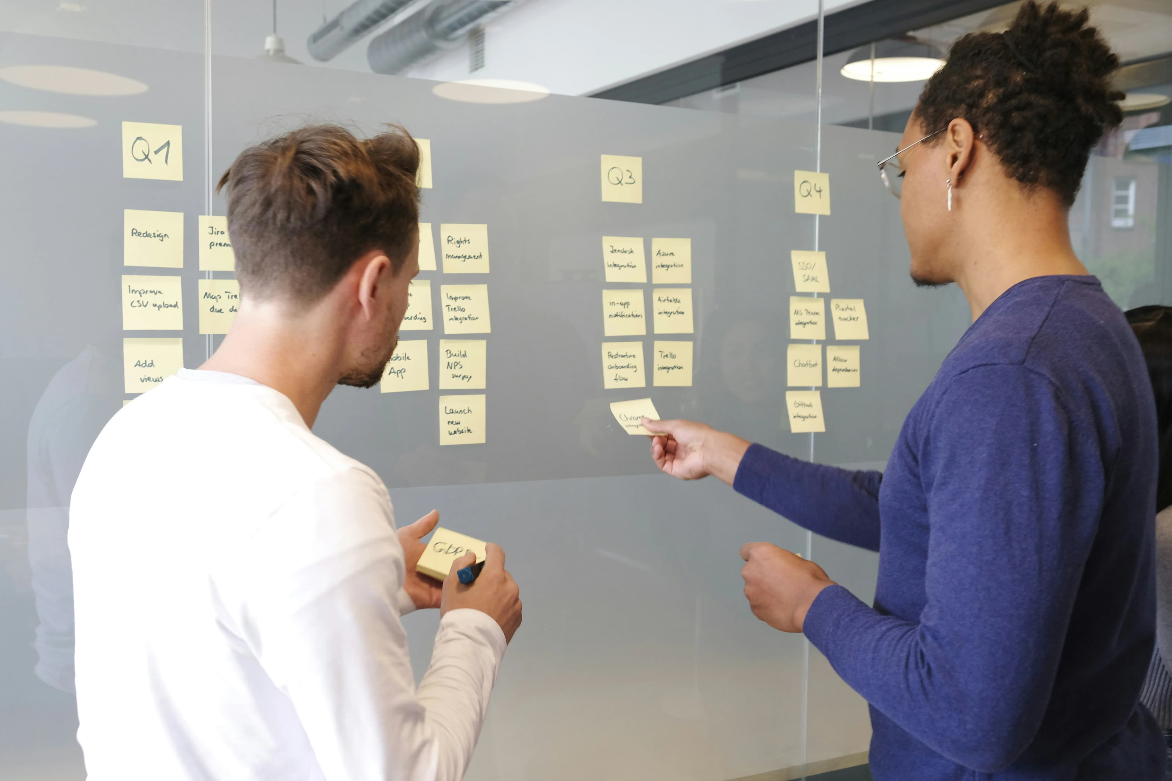 Product roadmap planning with sticky notes on a glass wall